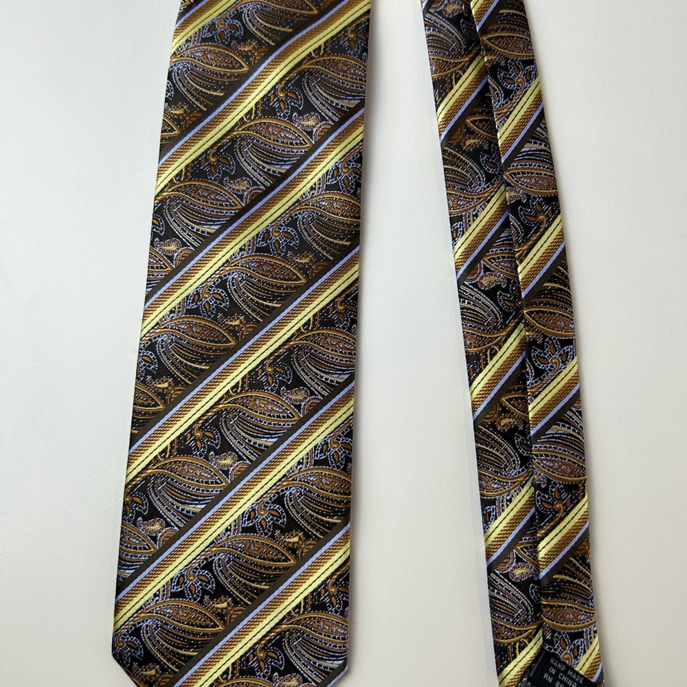 Bill Robinson Mens Paisley Stripe Tie Brown Gold Blue Formal Necktie - Picture 11 of 11